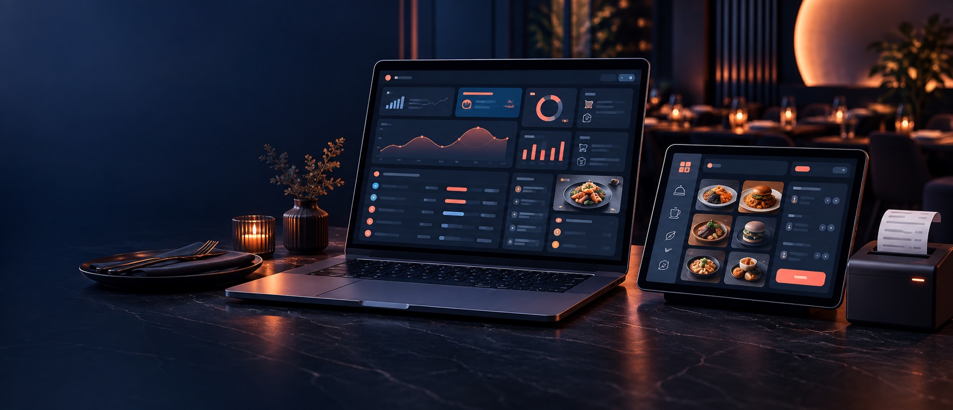 Restaurant management dashboard and ordering system shown on a laptop and tablet