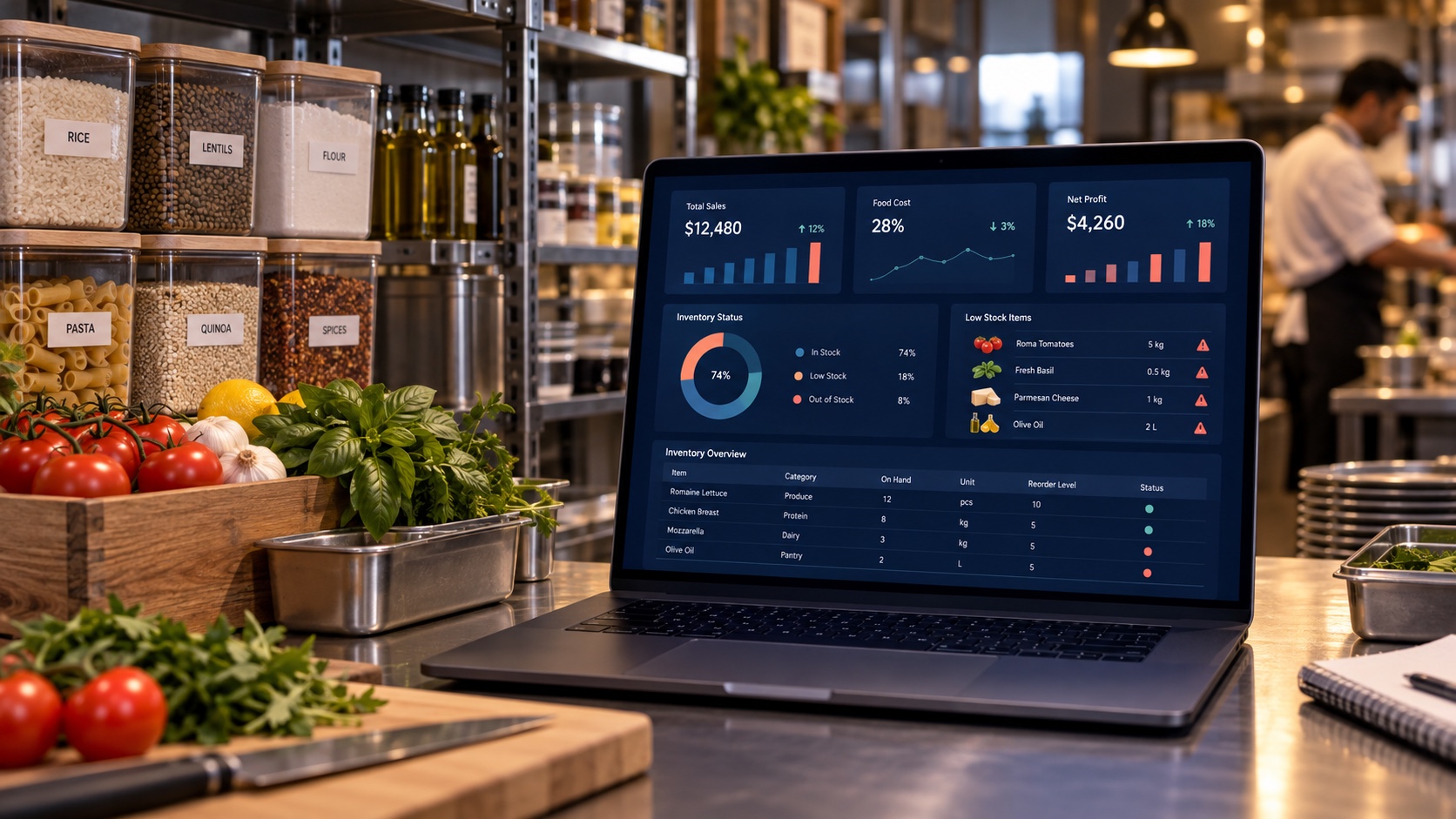 Restaurant inventory and profit dashboard beside organized ingredients