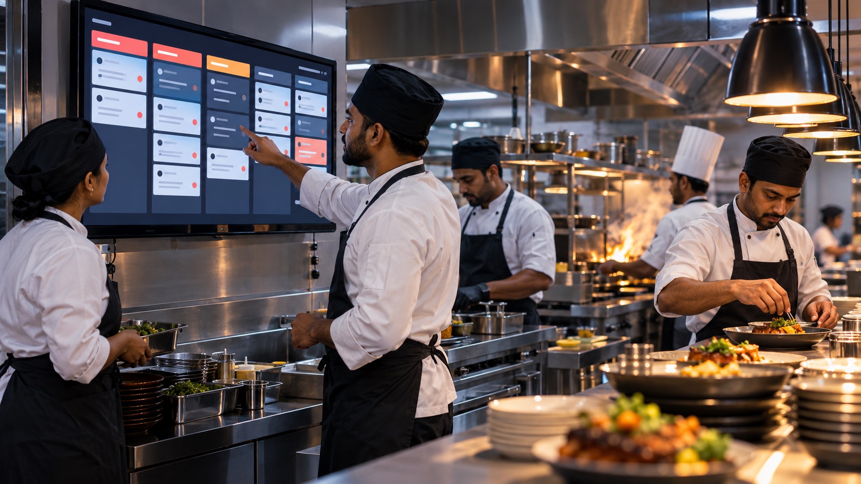 Restaurant kitchen team coordinating from a digital order display