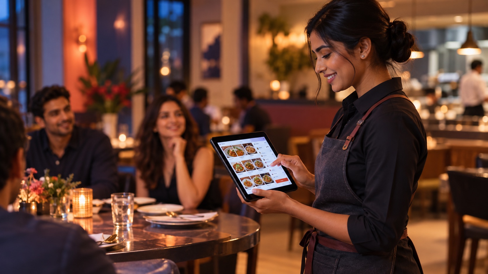 Restaurant server taking a table order on a tablet